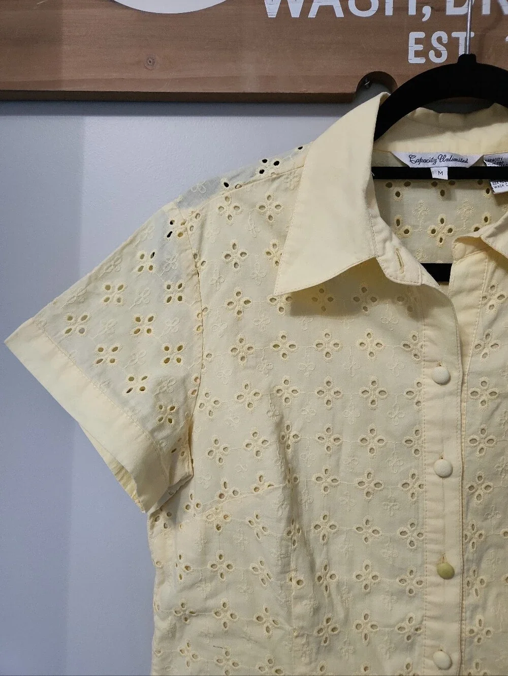 Yellow Eyelet 100% Cotton Short Sleeve Button Up Shirt Lined Floral Embroidered